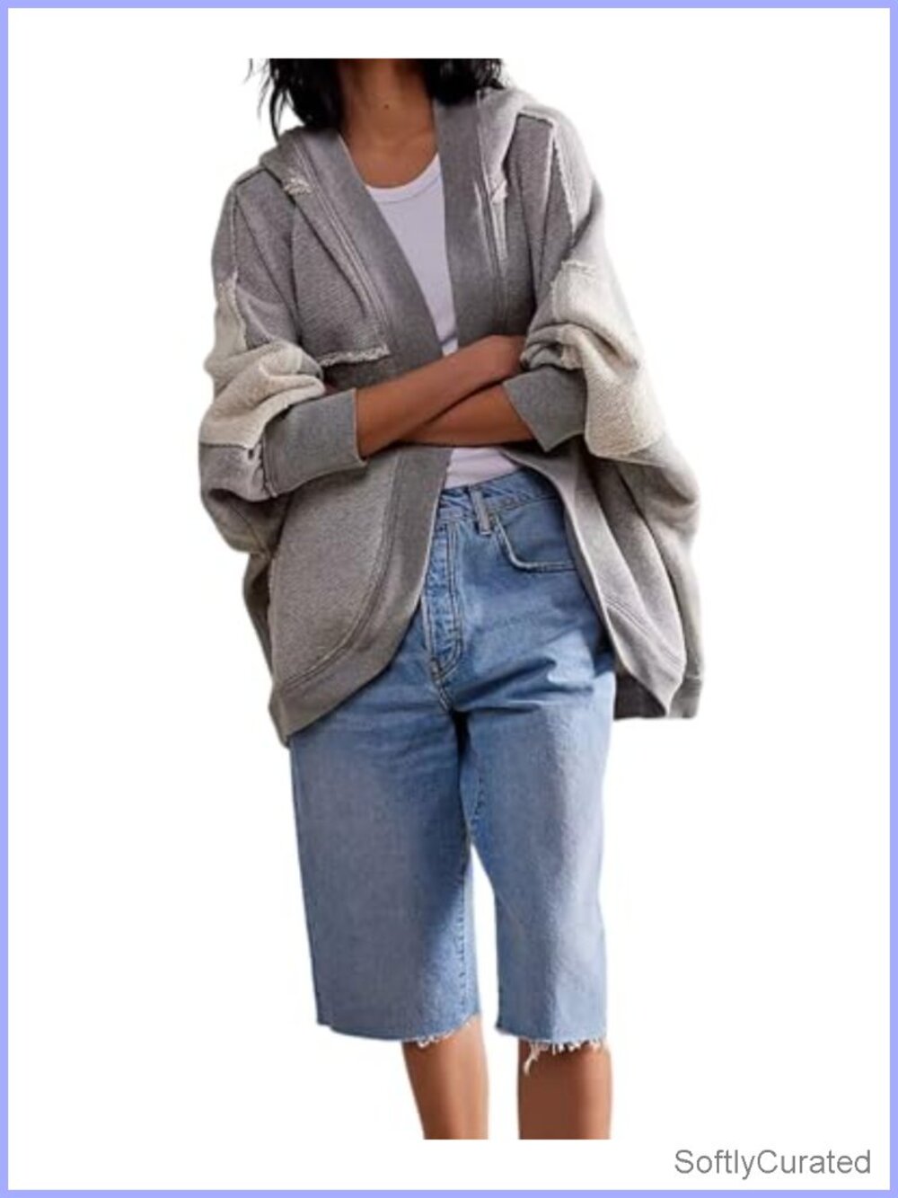 Oversized Open Front Hoodie Cardigan Patchwork Batwing Sleeve Loose Fit Women